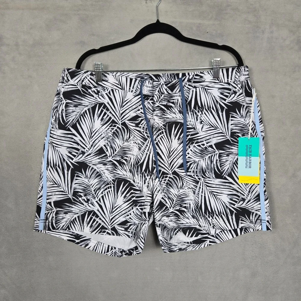 Fair Harbor‎ Swim Trunks Mens 38 Lined black white palm stretch the sextant NEW